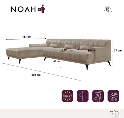 Sia Home - Hoekbank links Noah - Fluwelen stof - Grafiet grijs - 282cm - vtwonen shop