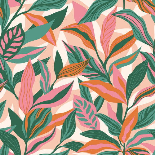 ESTAhome behang tropische bladeren turquoise, roze en oranje - 50 x 900 cm - 131044
