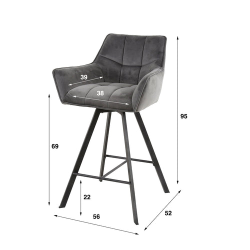Giga Meubel Barstoel Raster - Antraciet Velvet - Draaibaar - Zithoogte 69cm - Set van 2 - Set van 2