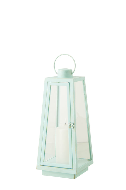 J-Line lantaarn + kaars - glas - turkoois - medium - LED lichtjes