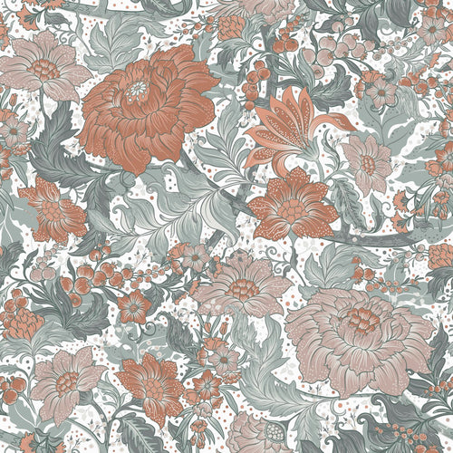 ESTAhome behang vintage bloemen blauwgroen en terracotta - 50 x 900 cm - 131193 - vtwonen shop