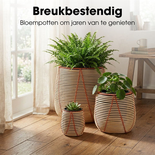 Mica Decorations Cancun Bloempot – Set van 3 – Plantenpot voor Bloemen en Kamerplanten – Bloempotten voor Buiten – Gerecycled Plastic – Beige
