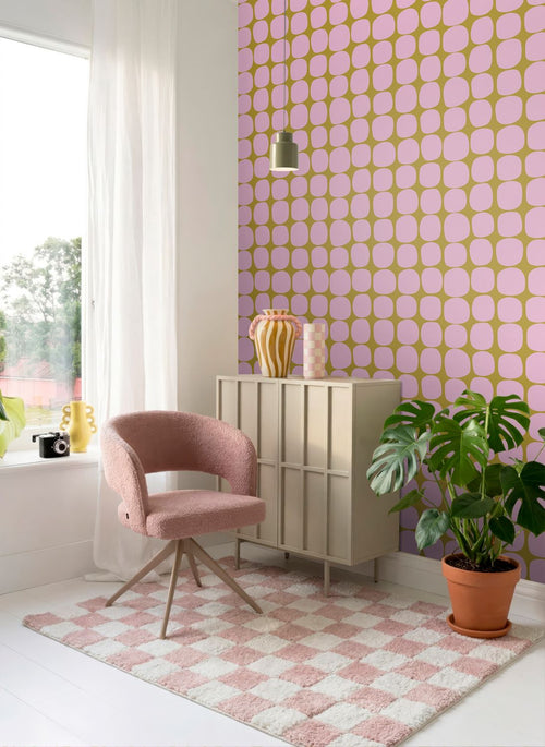 ESTAhome behang grafisch motief lila roze en mosterdgeel - 50 x 900 cm - 131983