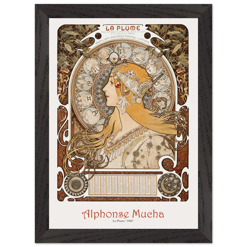 Artfulprints Poster met Lijst Alphonse Mucha - La plume   - A4 21x29.7 cm - Bruin