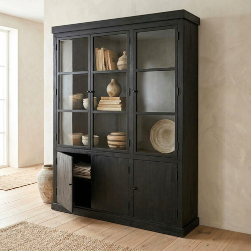 Giga Meubel Vitrinekast Rense - Mangohout/Metaal/Glas - Zwart - 160x40x220cm