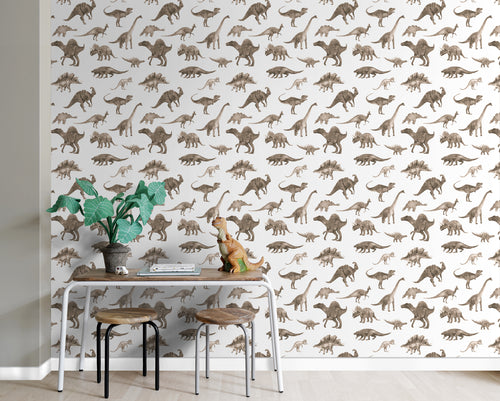 ESTAhome behang dinosaurussen donker beige - 50 x 900 cm - 131202