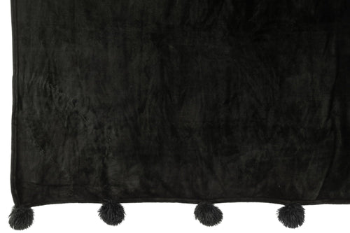 J-Line plaid Pompom - polyester - zwart - 170 x 130 cm