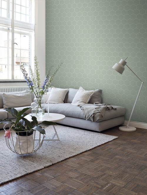 ESTAhome behang hexagon vergrijsd groen en wit - 0,53 x 10,05 m - 139227 - vtwonen shop