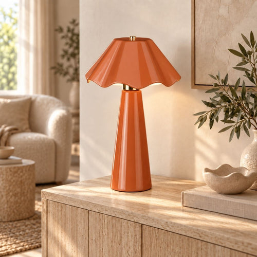 Mica Decorations Meera Tafellamp Roest - Keramische Tafellamp met Geplooide Lampenkap en Metalen Details - Geschikt voor E27 Lichtbron tot 60W met
