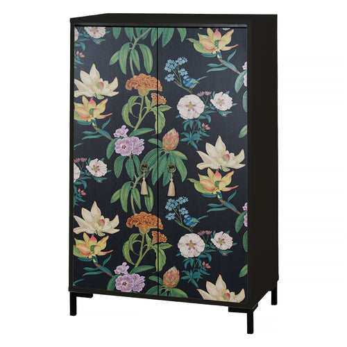 Dressoir van MDF met 2 decoratieve deuren, zwart bloemenmotief