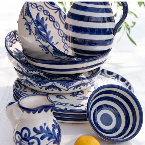 J-Line kom Granada Stripes Low - keramiek - wit/blauw - small - Ø 14 cm
