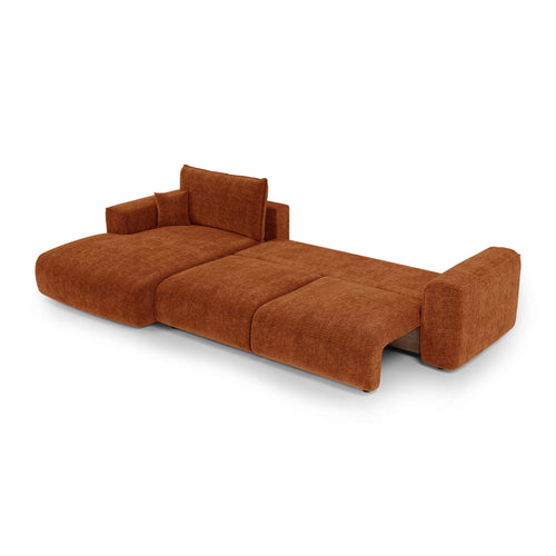 Premium Interiors - Linkshoekbank met slaapfunctie en opbergruimte COMO - zacht aanvoelende geweven stof terracotta 297cm