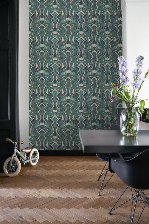 ESTAhome behang vintage bloemen in art nouveau stijl vergrijsd groen en blauw - 50 x 900 cm - 139894 - vtwonen shop