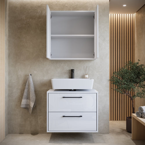 Badplaats Wastafelkast Set Florence 60 x 35 cm – Hoogglans Wit – Badmeubel met Spiegelkast