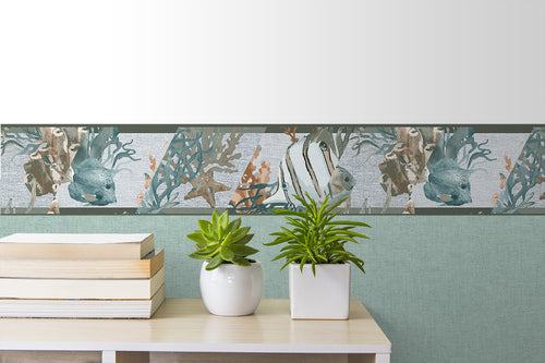 Sanders & Sanders zelfklevende behangrand onderwaterwereld vergrijsd blauw en legergroen - 500 x 13.25 cm - 640043 - vtwonen shop