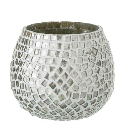 J-Line windlicht Mozaiek - glas - wit/zilver - 2 stuks