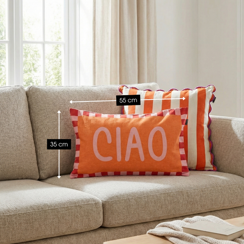 Mica Decorations Ciao Sierkussen - Kussen met Kussenhoes - Woondecoratie Woonkamer - 55 x 35 x 10 cm - Katoen, Linnen, Polyester - Oranje, Roze, Rood