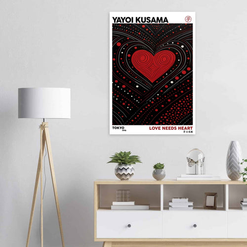 Artfulprints Poster met Lijst Yayoi Kusama - Love needs heart   - 70x100 cm - Zwart
