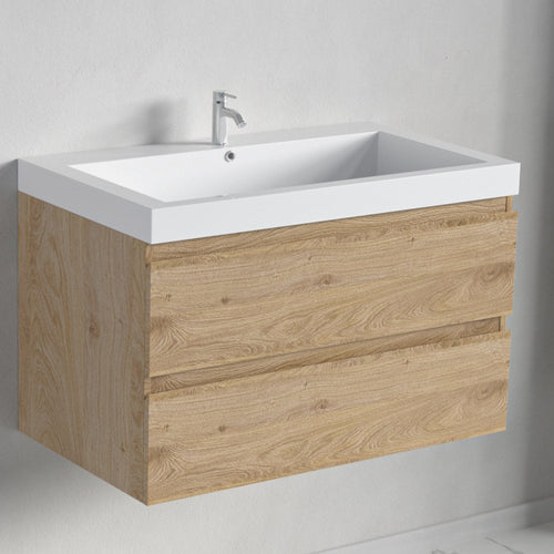 LOMAZOO badmeubelset Avalon - met hoge kast & witte wastafel - licht eiken - 80 cm