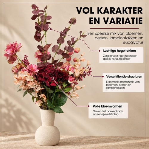 Mica Decorations Cassy Boeket Roze met 18 Stelen - Kunstboeket van Polyester in Roze en Bordeaux Tinten - Bloemenboeket voor Vaas of Dressoir - Lengte