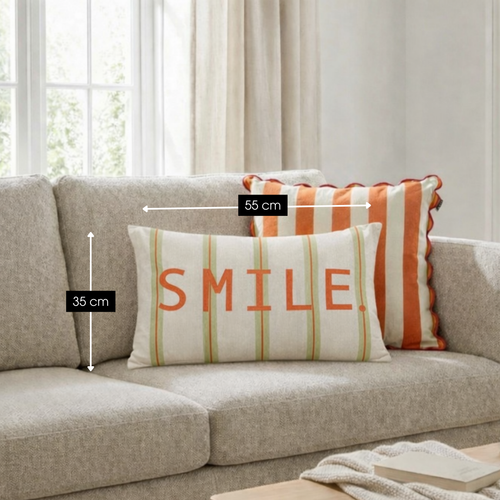 Mica Decorations Smile Sierkussen - Kussen met Kussenhoes - Woondecoratie Woonkamer - 55 x 35 x 10 cm - Katoen - Groen, Off-white, Oranje