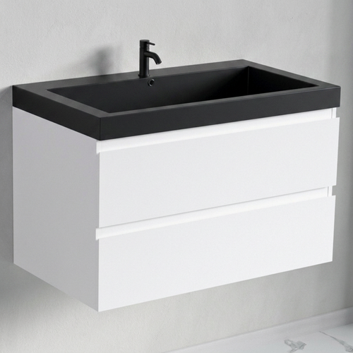 LOMAZOO badkamermeubel Monaco - zwevend met zwarte wastafel - glanzend wit - 80 cm
