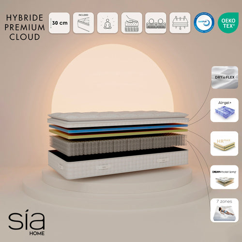 Sia Home - Matras HYBRIDE PREMIUM CLOUD - Traagschuim. Latex & pocketveren - Wit - 180cm