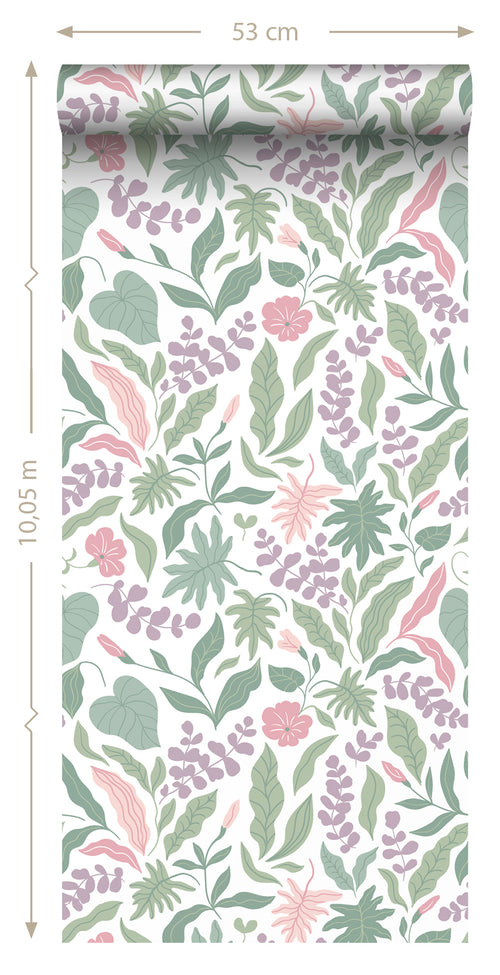 ESTAhome behang bladeren en bloemen paars, roze en groen - 50 x 900 cm - 131049 - vtwonen shop