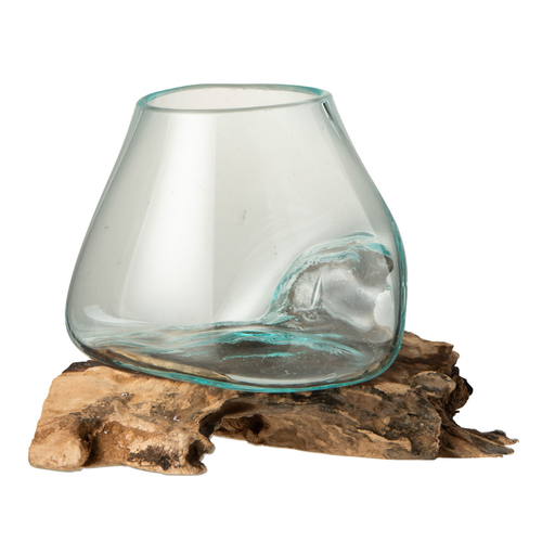 J-Line vaas op voet Gamal - hout/glas - naturel/transparant - large - Ø 16 cm