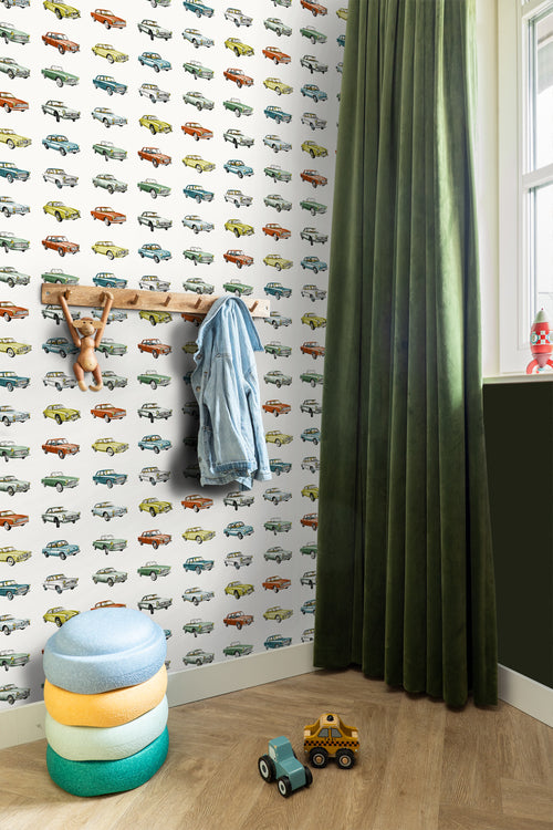 ESTAhome behang vintage auto's oranje, okergeel en groen - 53 cm x 10.05 m - 138732