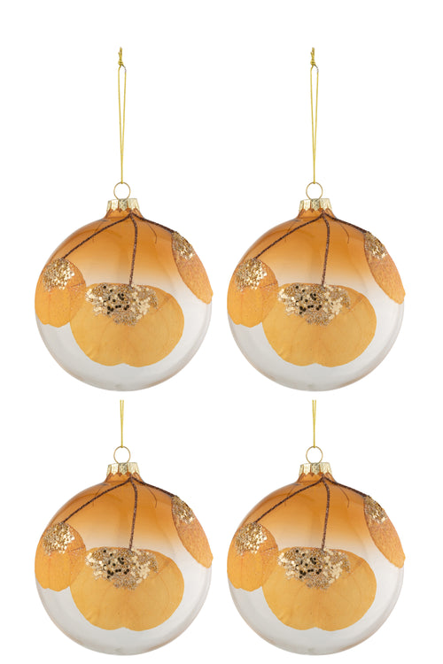 J-Line kerstbal Gedroogd Blad Glitter - glas - transparant/oker - medium - doos van 4