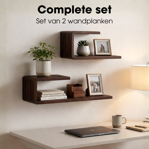 Mica Decorations Josha Wandplank Zwevend - Zwevende Boekenplank Set van 2 - 80 x 21 x 20 cm - Wandplank Hout Gerecycled - Onzichtbaar Ophangsysteem -