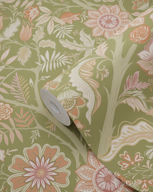 ESTAhome behang vintage bloemen groen en terracotta roze - 50 x 900 cm - 131330 - vtwonen shop