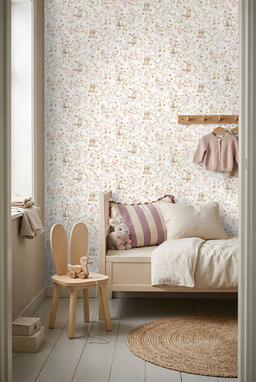 ESTAhome behang konijnen lichtpaars, groen en beige - 0.53 x 10.05 m - 131703