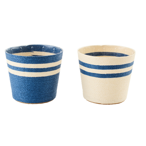 J-Line bloempot Gestreept - papier - wit/blauw - large - set van 2