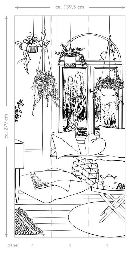 ESTAhome fotobehang tekening woonkamer lounge zwart wit - 139.5 x 279 cm - 158814 - vtwonen shop