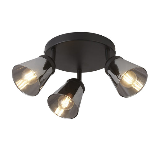 Mega Ronde spot met 3 lichtpunten, zwart metaal met rookglas