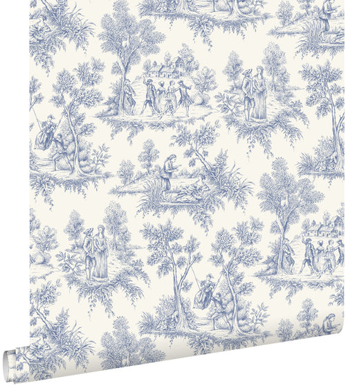 ESTAhome behang toile de jouy print blauw - 50 x 900 cm - 132096