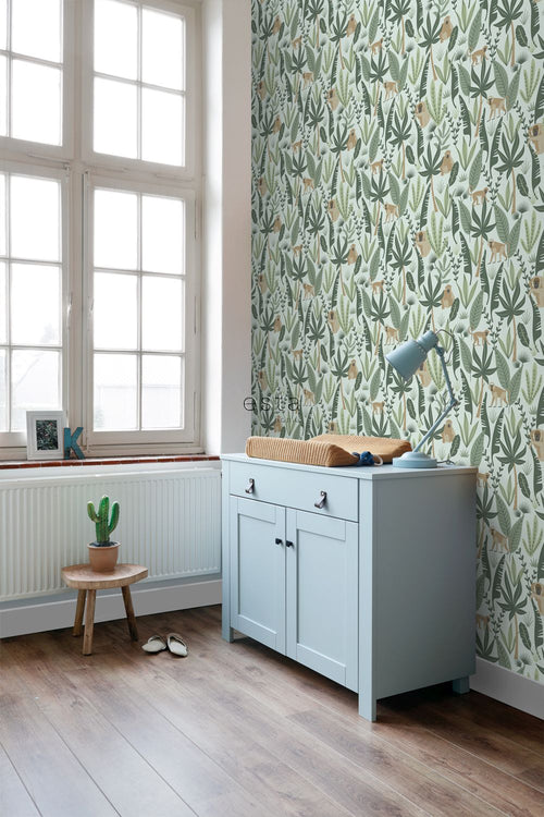 ESTAhome behang jungle apen mintgroen en donkergroen - 53 cm x 10.05 m - 139073