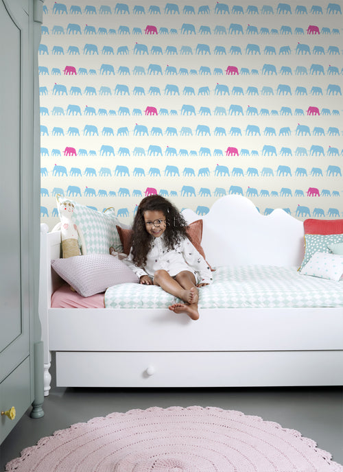 ESTAhome behang olifanten turquoise en roze - 53 cm x 10.05 m - 137329