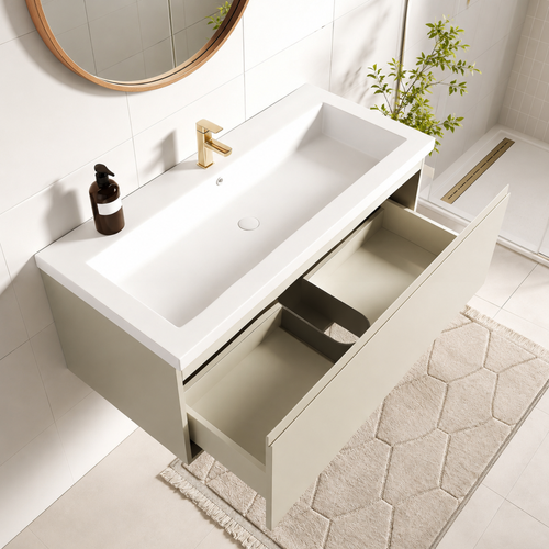LOMAZOO badmeubelset Sorrento - met hoge kast & witte wastafel - greige - 100 cm
