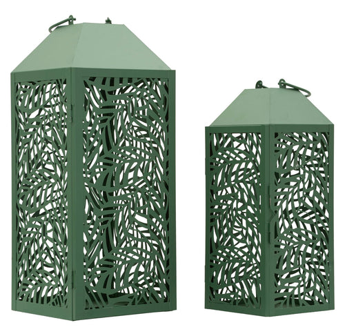 Set van 2 metalen lantaarns groen 18x18x44 - 14x14x34 cm