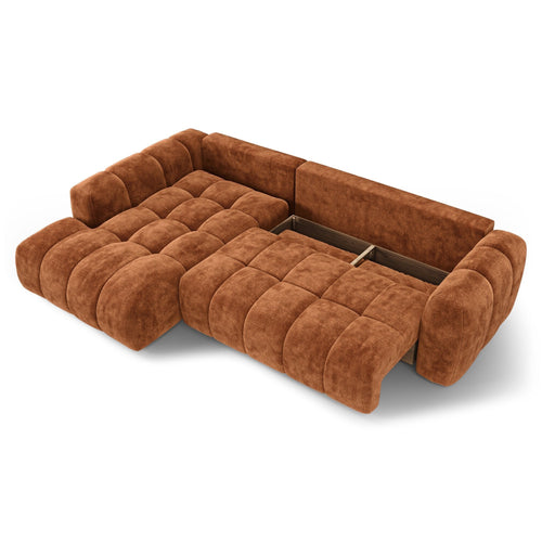 Premium Interiors - Linkshoekbank met slaapfunctie en opbergruimte SKY - gewaafd fluweel terracotta 310cm