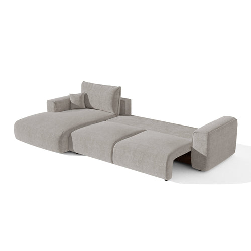 Premium Interiors - Linkshoekbank met slaapfunctie en opbergruimte COMO - bouclé-stof lichtgrijs 297cm