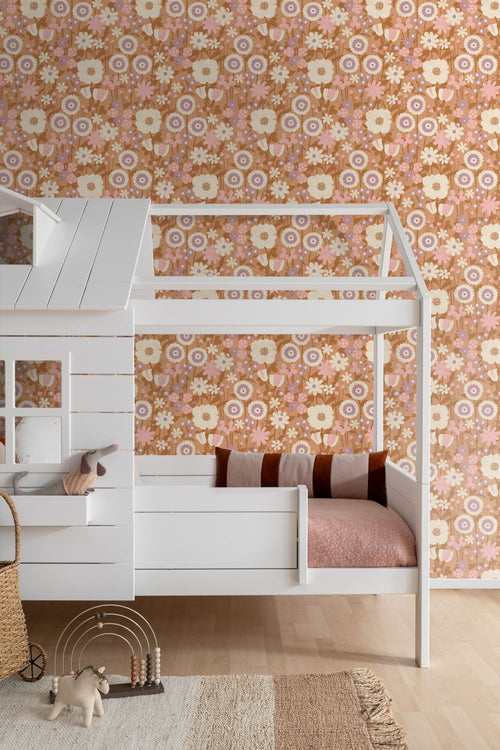 ESTAhome behang retro bloemen terracotta bruin, roze en paars - 50 x 900 cm - 132161