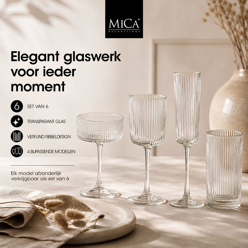Mica Decorations Grigio Drinkglazen Set van 6 - Longdrinkglazen van Glas met Subtiele Ribbelstructuur - Transparant en Tijdloos voor Water, Frisdrank