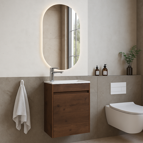 Badplaats Toiletmeubel Sinta 40 x 22 cm – Walnoot Bruin – Fonteinmeubel met Witte Wastafel