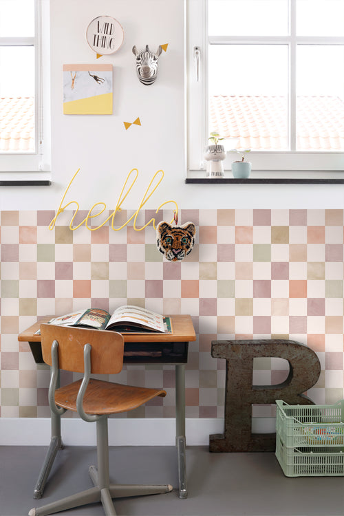 ESTAhome behang geblokt motief beige en paars - 50 x 900 cm - 131720