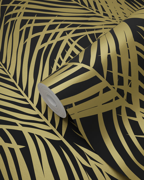 ESTAhome behang palmbladeren zwart en goud - 53 cm x 10.05 m - 139318