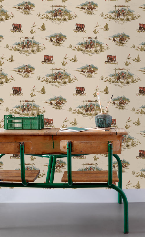 ESTAhome behang cowboys donker beige, blauw en groen - 50 x 900 cm - 131411 - vtwonen shop